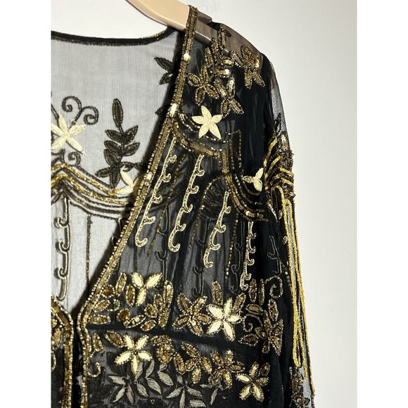 GORGOUS VINTAGE Black Gold Silky Beaded Embroidered Jacket Blouse Top L/XL - Picture 4 of 8